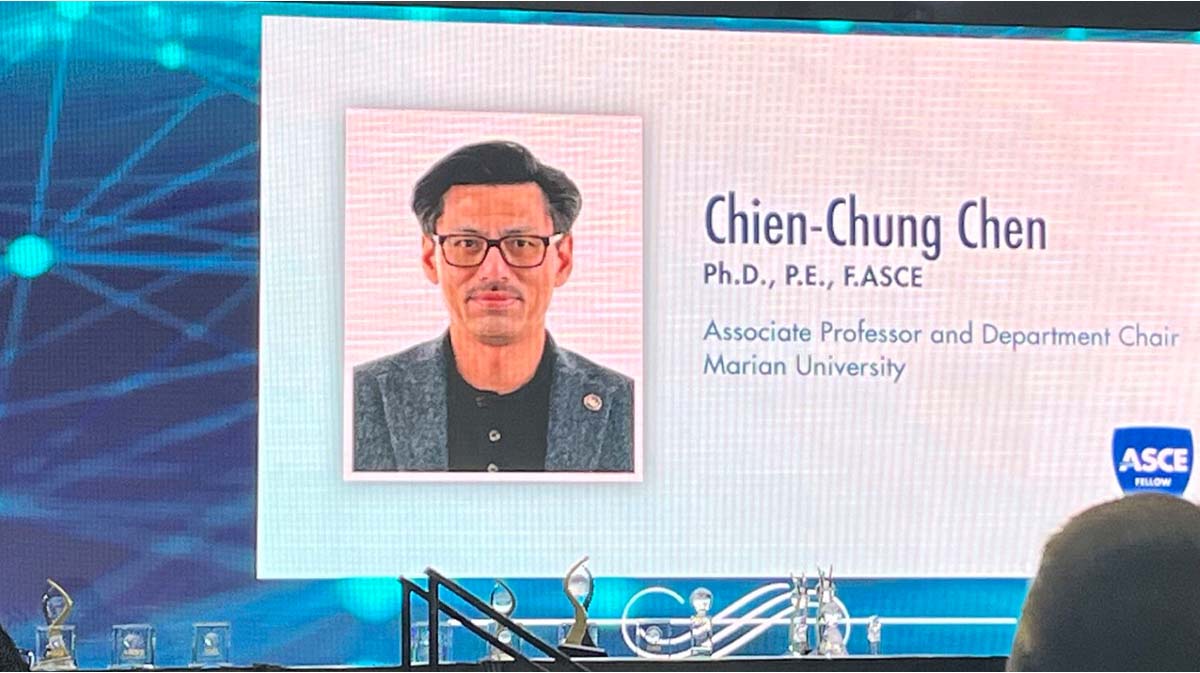 Portrait of Chien-Chung Chen, Ph.D., P.E., F.ASCE, Associate Professor and Department Chair at Marian University, displayed at an ASCE event.