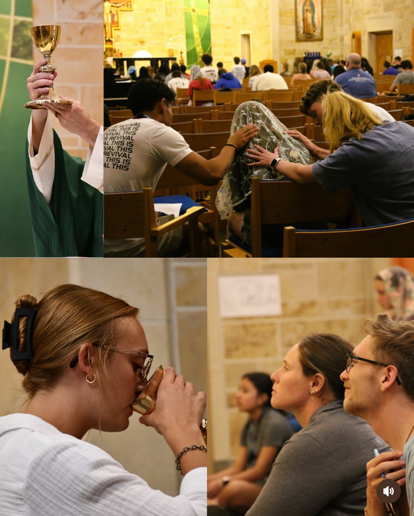 Collage depicting a religious service with individuals engaged in prayer, reflection, and communal rituals. The images show a person holding a chalice, attendees praying together, and others in quiet contemplation.