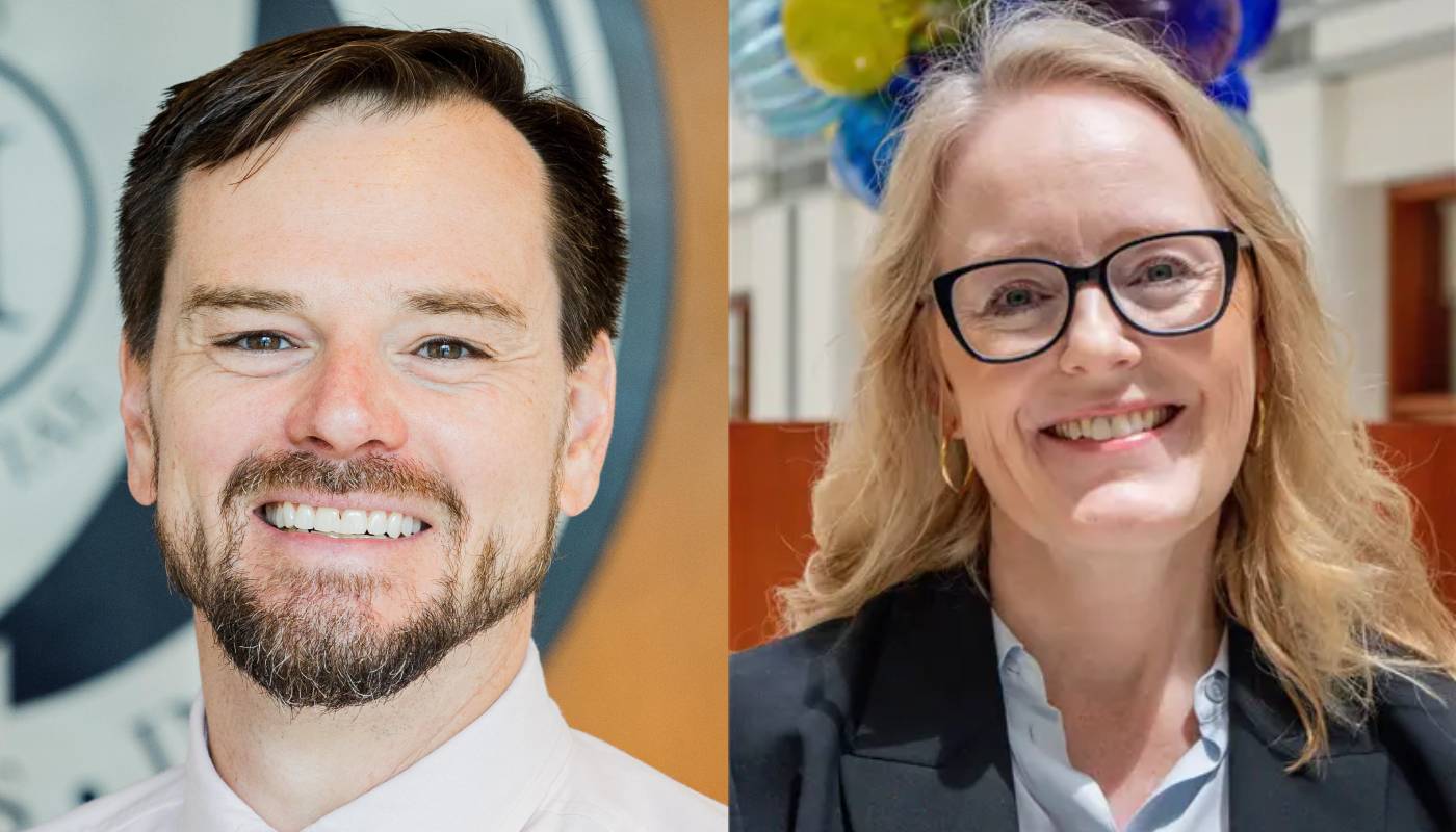 Side-by-side headshots of two smiling professionals: a man in a dress shirt and tie in front of a seal, and a woman wearing glasses and a blazer indoors with balloons in the background.