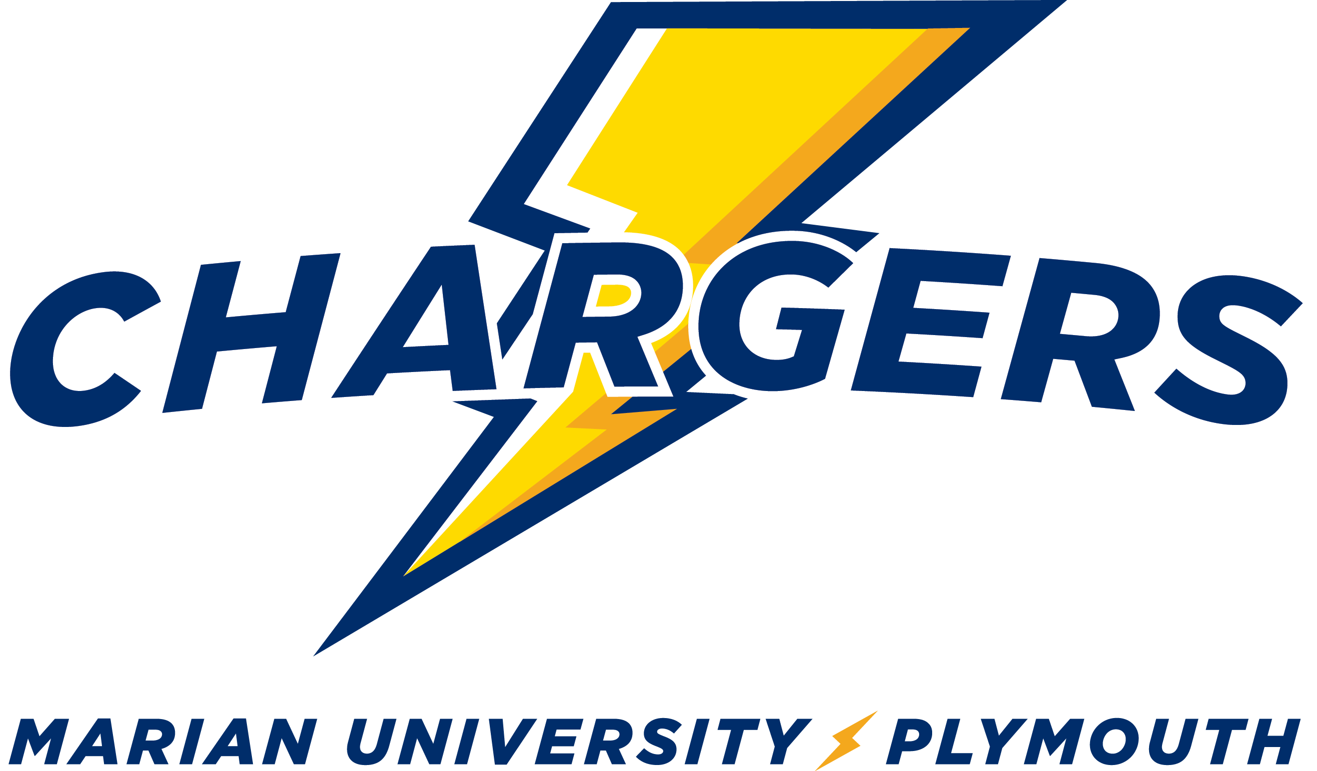 Marian University Ancilla Chargers logo featuring a bold lightning bolt and the word "CHARGERS."