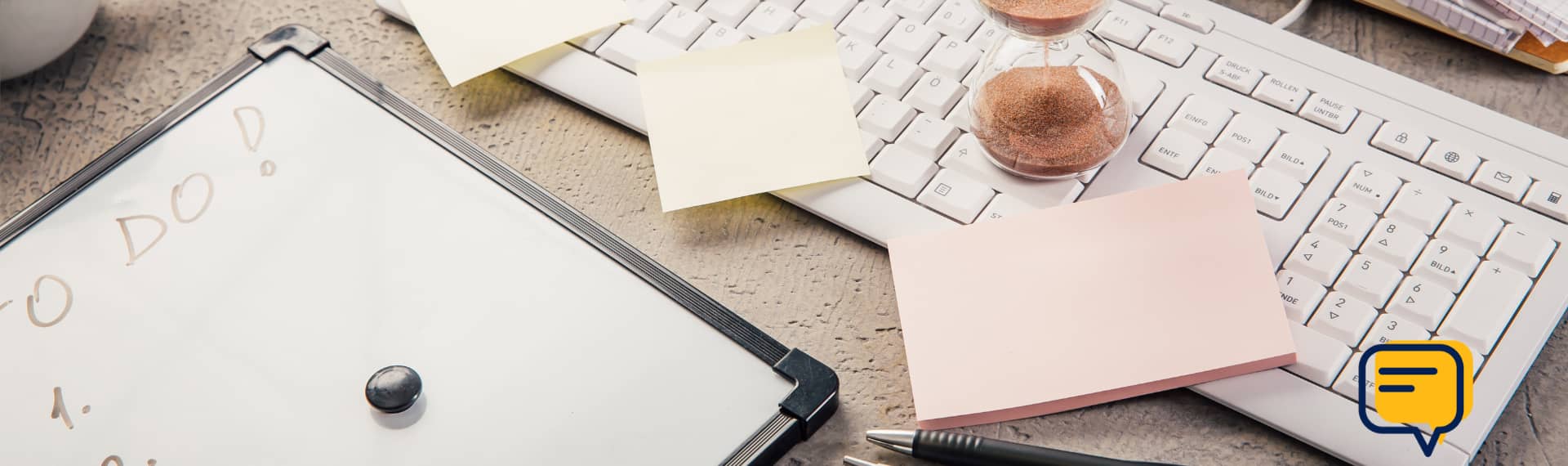 A table with office supplies like a keyboard, post-it notes, and a white board.