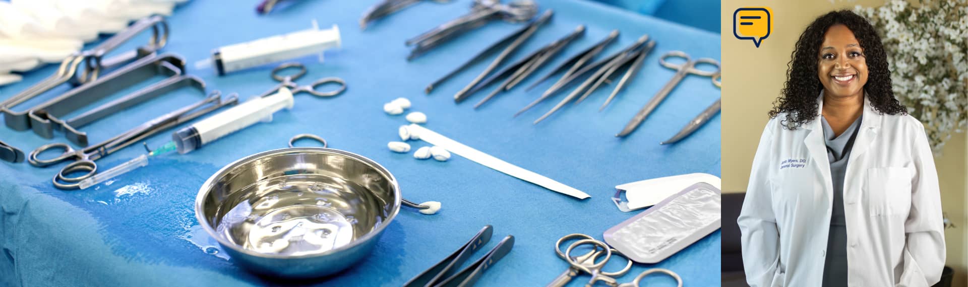 Dr. Janie Myers and a table of surgical tools