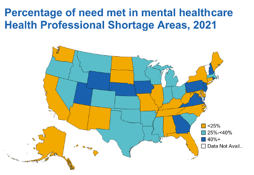 Percentage of need met in mental healthcare health professional shortage areas, 2021