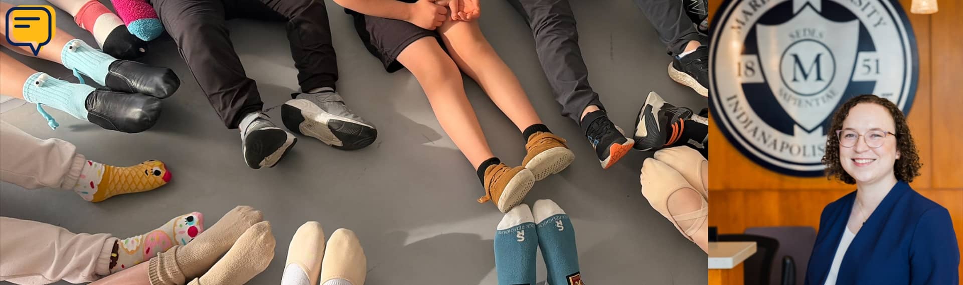 photo from above of students' legs and feet in a circle on the floor with headshot of writer