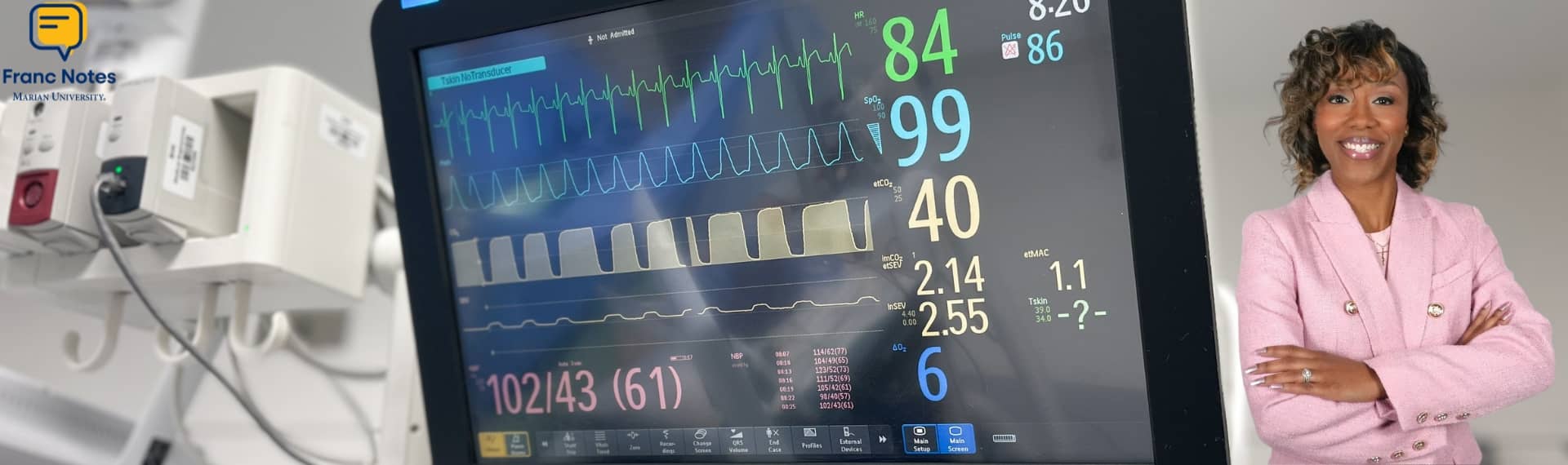 Hero image with a close up of a monitor, vital signs, and headshot of the author