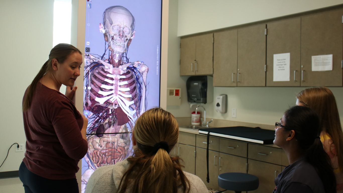Students reviewing skeleton body