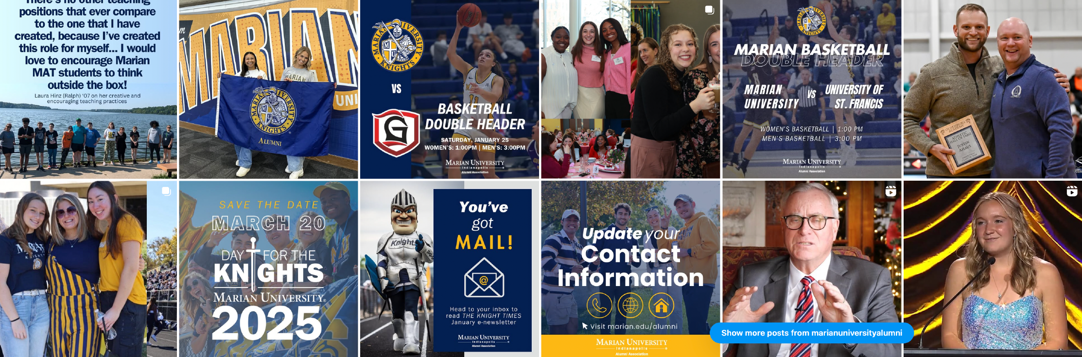 A collage of promotional images for Marian University basketball, featuring event announcements, recognition awards, and student engagement activities.