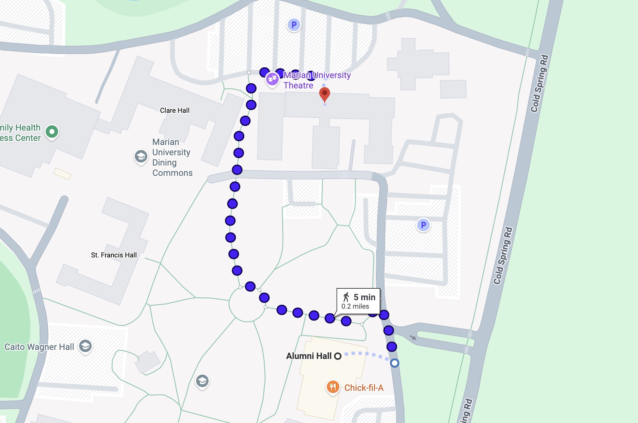 Campus map: Alumni Hall to Marian Hall