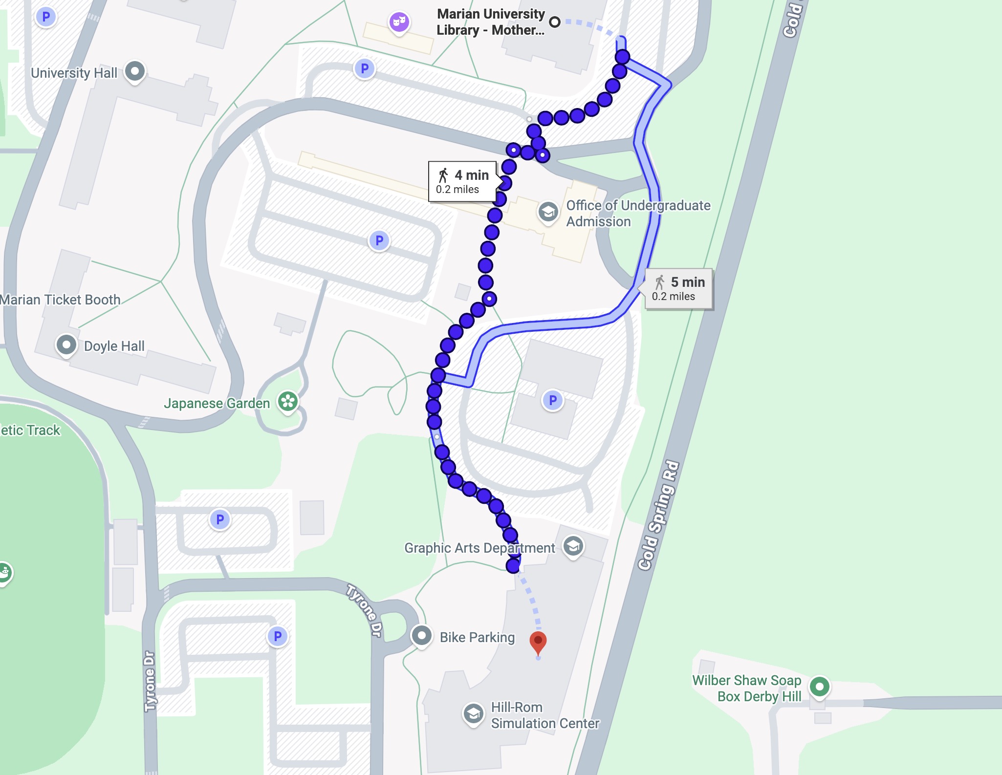 Campus map: Hackelmeier Memorial Library to Evans Center