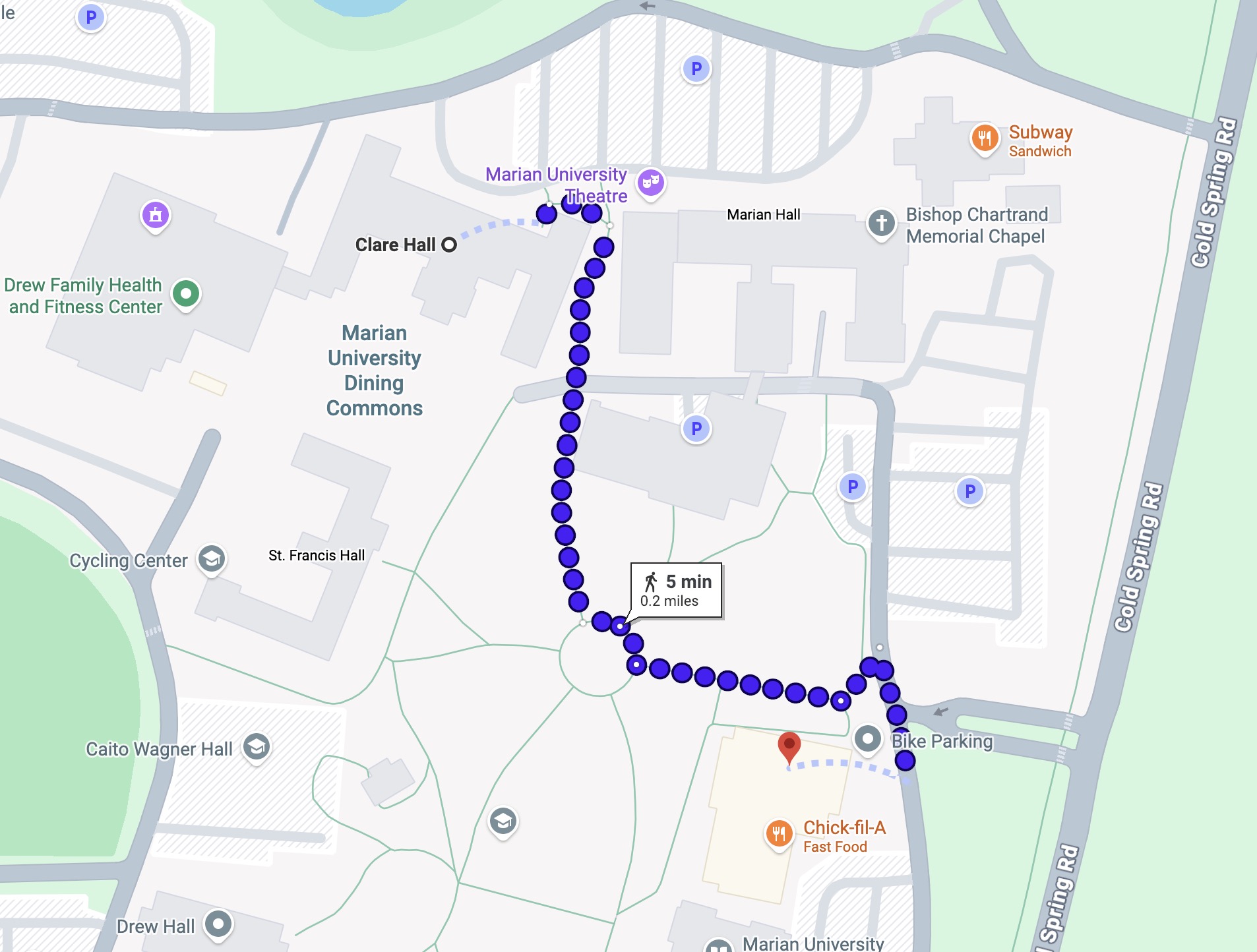 Campus map: Clare Hall Student Dining Commons to Alumni Hall