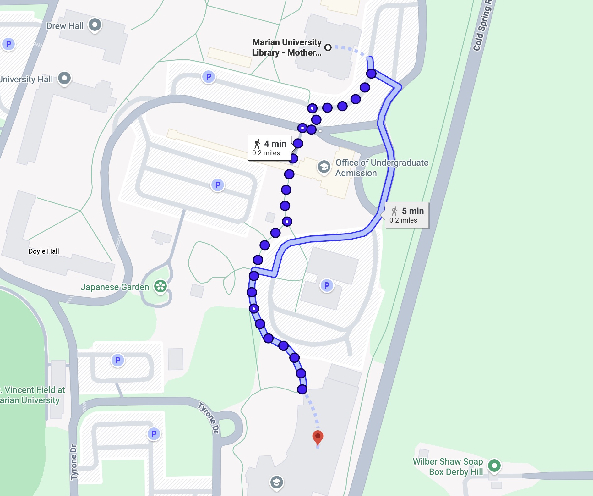 Campus map: Hackelmeier Memorial Library to Evans Center