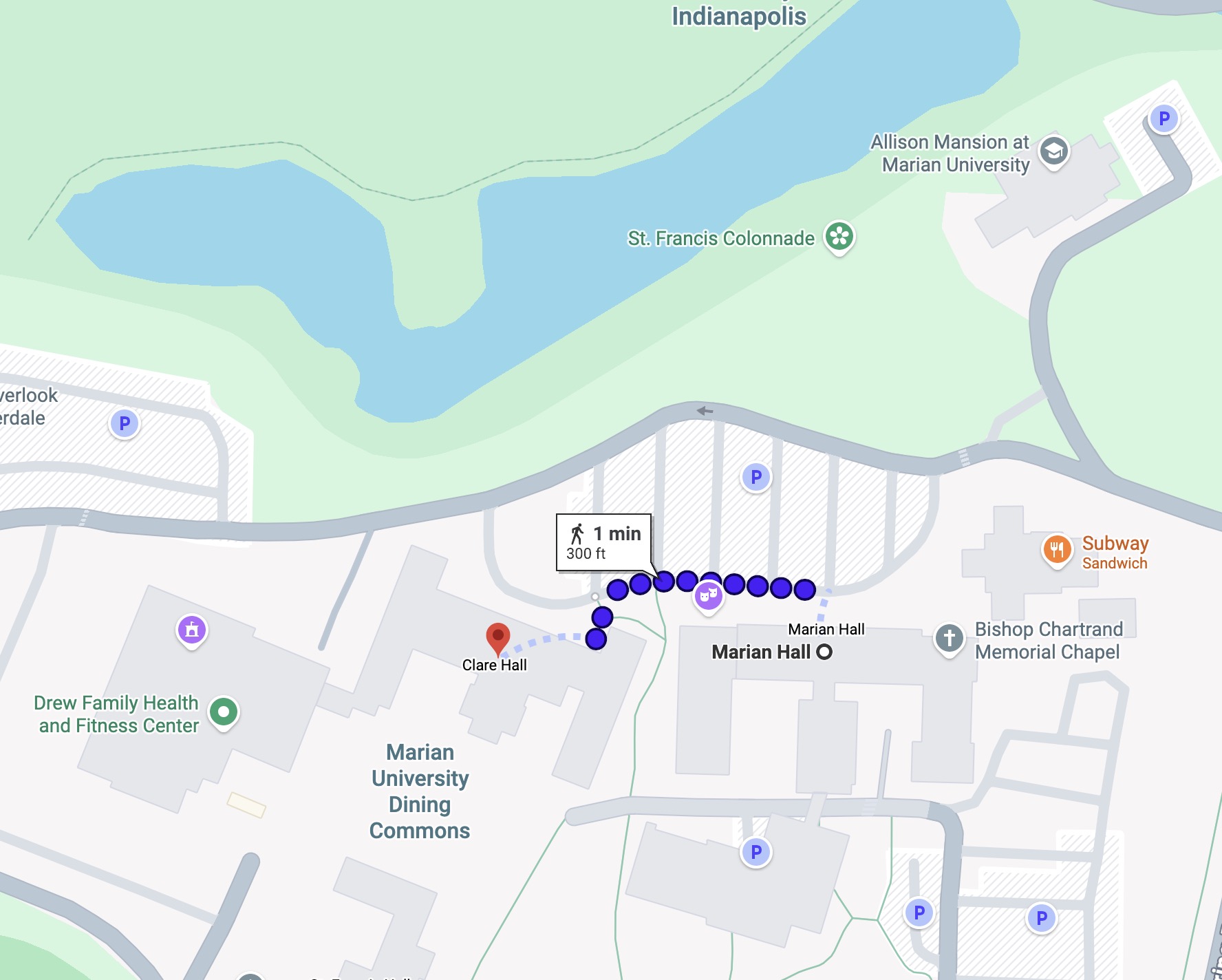 Campus map: Marian Hall to Clare Hall Student Dining Commons