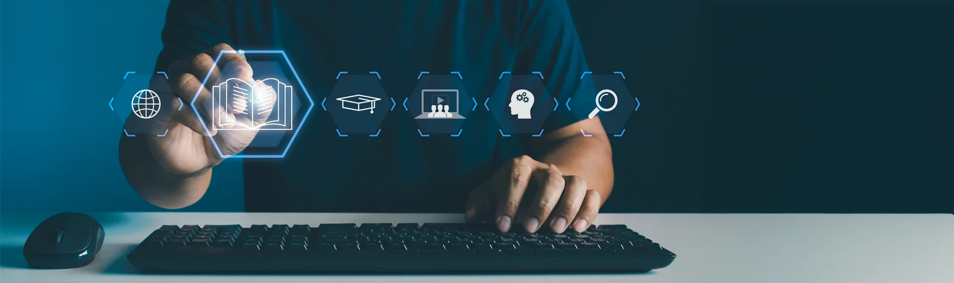 Person at a desk using a keyboard with glowing holographic icons representing global education resources, online learning, AI, and research tools, illustrating how adult learners can use AI to research and compare colleges