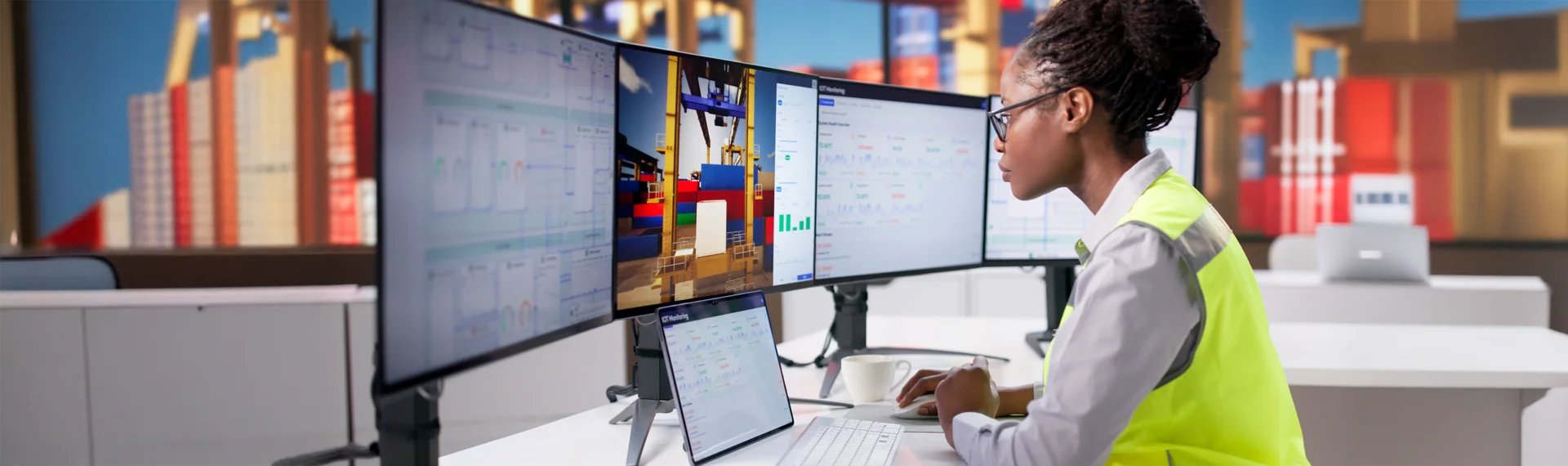 Professional woman in a high-tech logistics control center monitoring global supply chain operations on multiple screens, highlighting the need for strategic thinkers in today’s supply chain management