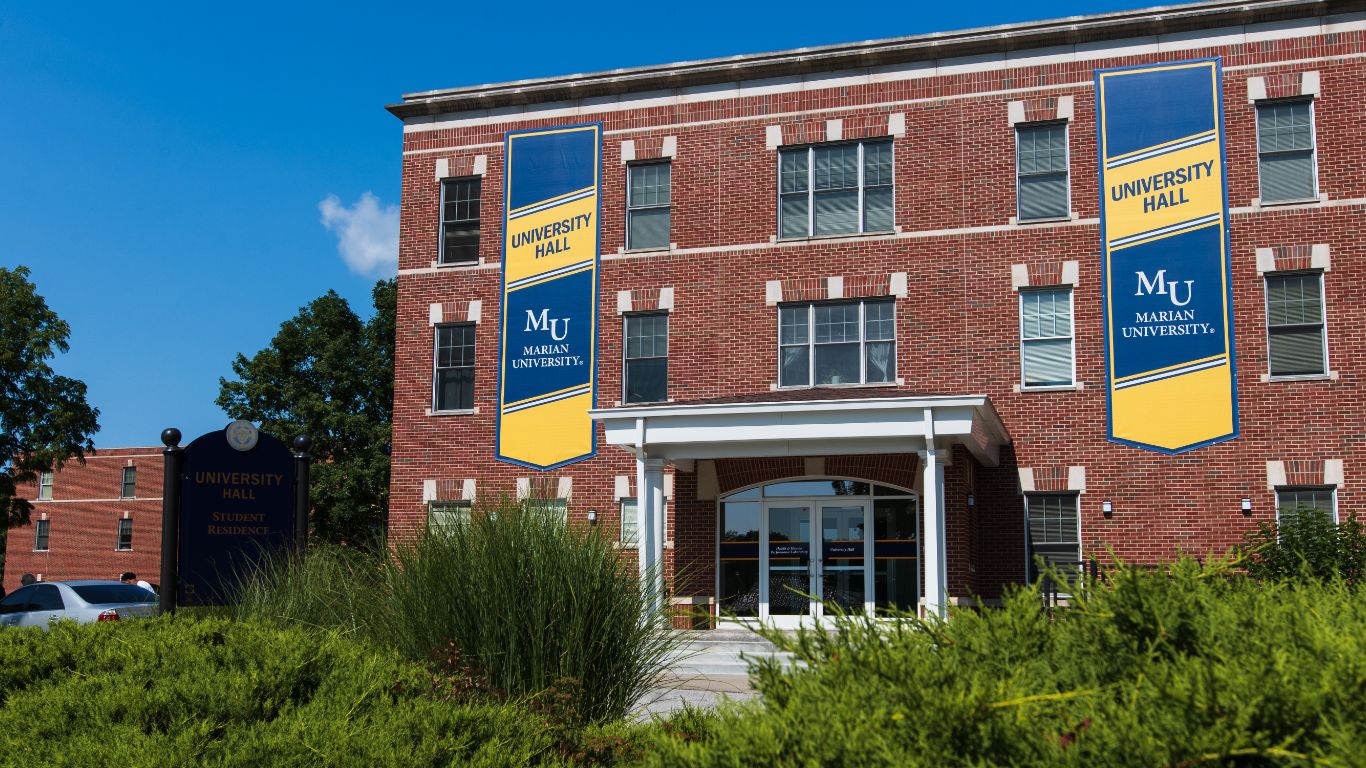 Marian building with banners