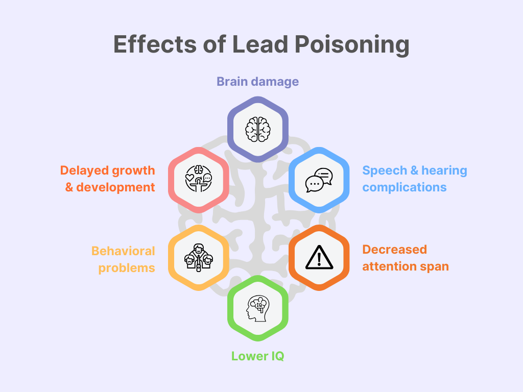 Infographic illustrating the effects of lead poisoning, highlighting brain damage, delayed growth and development, behavioral problems, decreased attention span, lower IQ, and speech and hearing complications.
