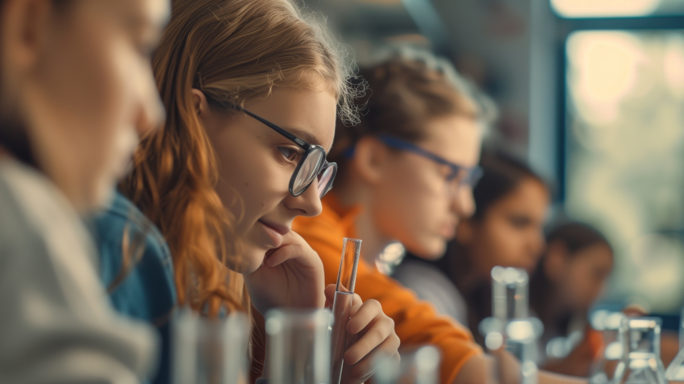 Student engaged in a science experiment, thoughtfully observing a test tube while classmates work quietly in the background.