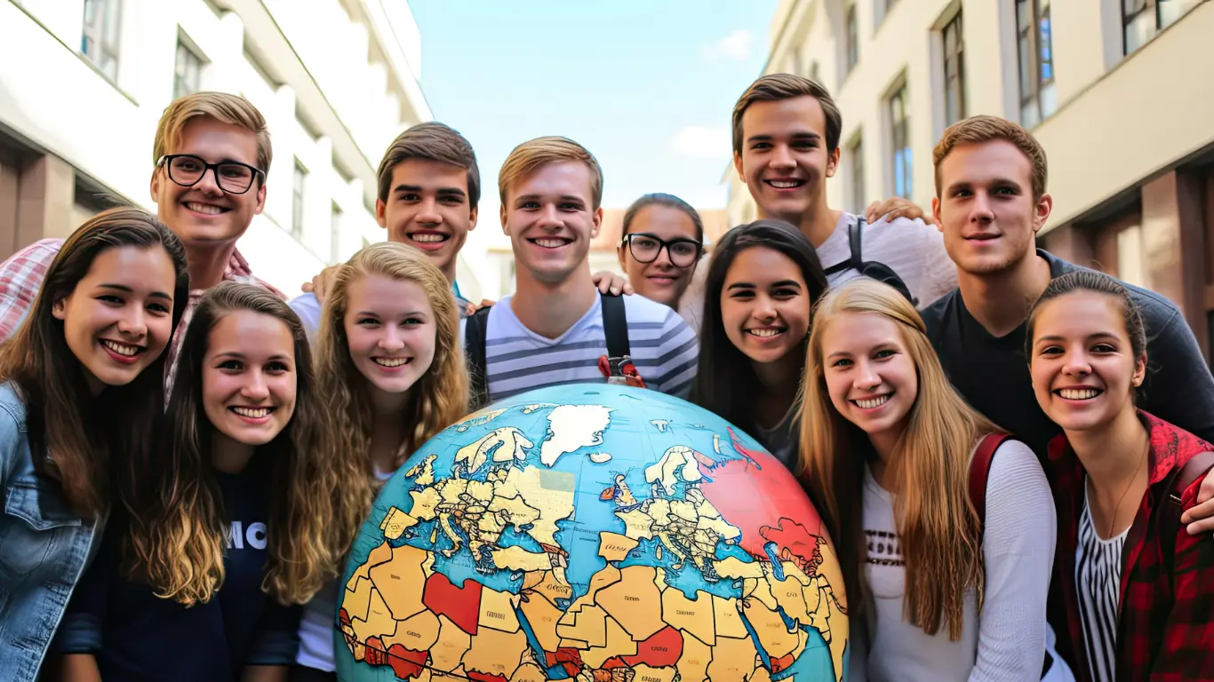 A group of diverse students smiling together in front of a large globe highlighting Europe and Africa.