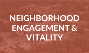 Neighborhood Engagement & Vitality title over a blurred aerial neighborhood background.