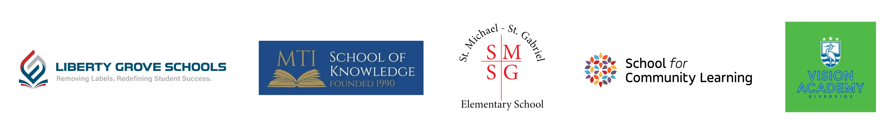 Row of school logos on a black background, including Liberty Grove Schools, MTI School of Knowledge, St. Michael–St. Gabriel Elementary School, and Vision Academy Riverside.