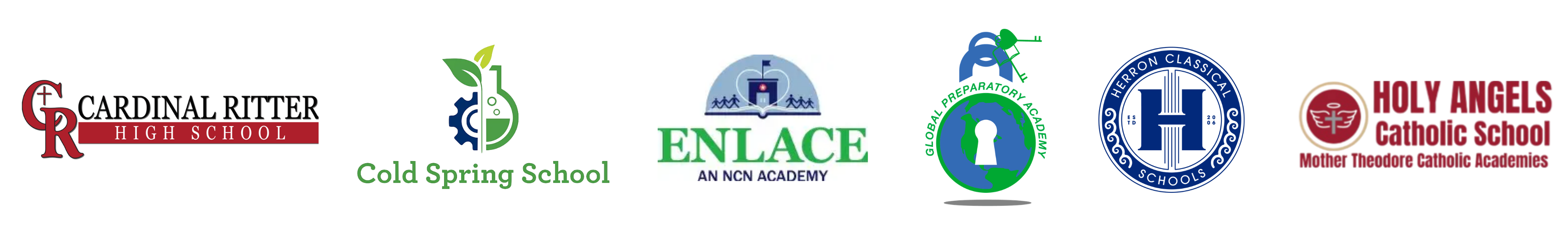 Row of school logos on a black background, including Cardinal Ritter High School, Cold Spring School, ENLACE (an NCN Academy), Global Preparatory Academy, a blue crest-style emblem, and Holy Angels/Mt