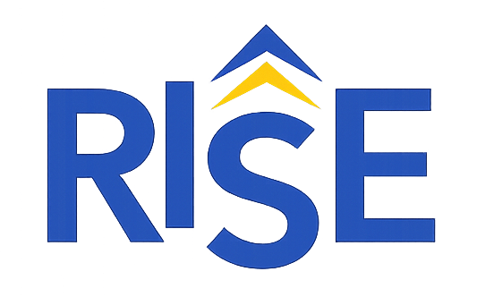 RISE logo in blue letters with two upward-pointing chevrons above the “I,” one yellow and one blue.