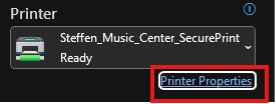 Screenshot showing the printer name "Steffen_Music_Center_SecurePrint" with an indication that it is ready, and a highlighted option for "Printer Properties".