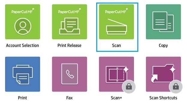 Icons representing various features of the PaperCut MF software, including options for account selection, print release, scanning, copying, faxing, and more.