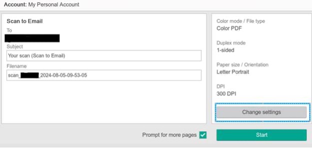 Scan to Email settings interface with options for subject, filename, color mode, duplex mode, paper size, and DPI settings.