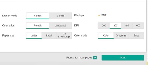 Screenshot showing options for scan settings such as 1-sided versus 2-sided, orientation, paper size, etc.