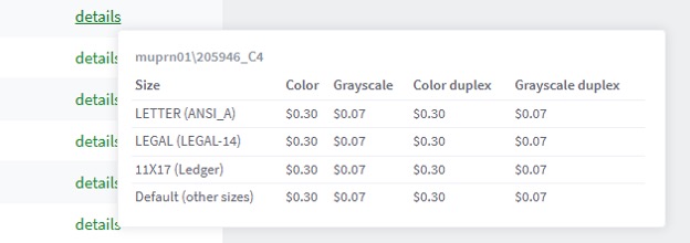 Table displaying printing prices for different paper sizes in color and grayscale options.