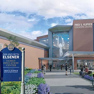 Illustration of the Fred S. Klipsch Educators College building with a sign for the Dan and Beth Elsener Family Education Center.