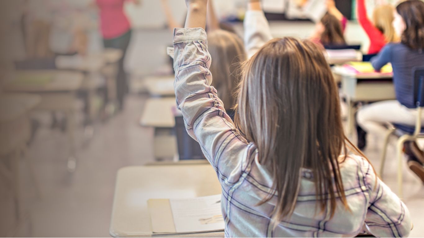 An elementary student raising her hand in class