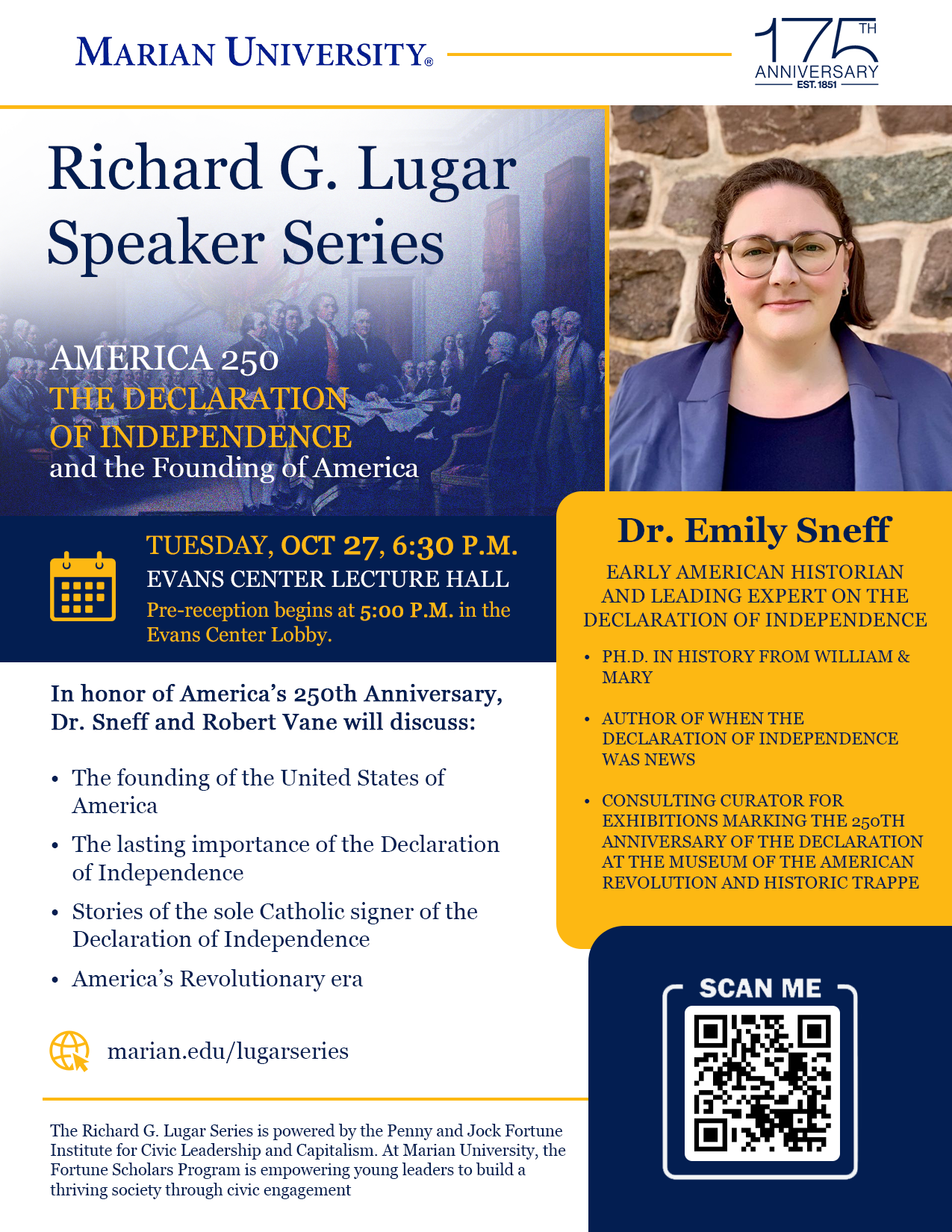 Flyer for Marian University’s Richard G. Lugar Speaker Series featuring Dr. Emily Sneff and a talk on the Declaration of Independence for America 250, with date, location details, and a QR code.