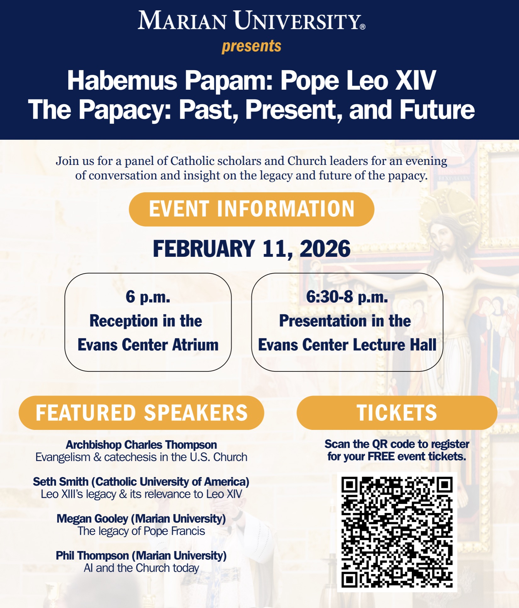 Event flyer for "Habemus Papam: Pope Leo XIV," featuring details about speakers, schedule, and registration information.