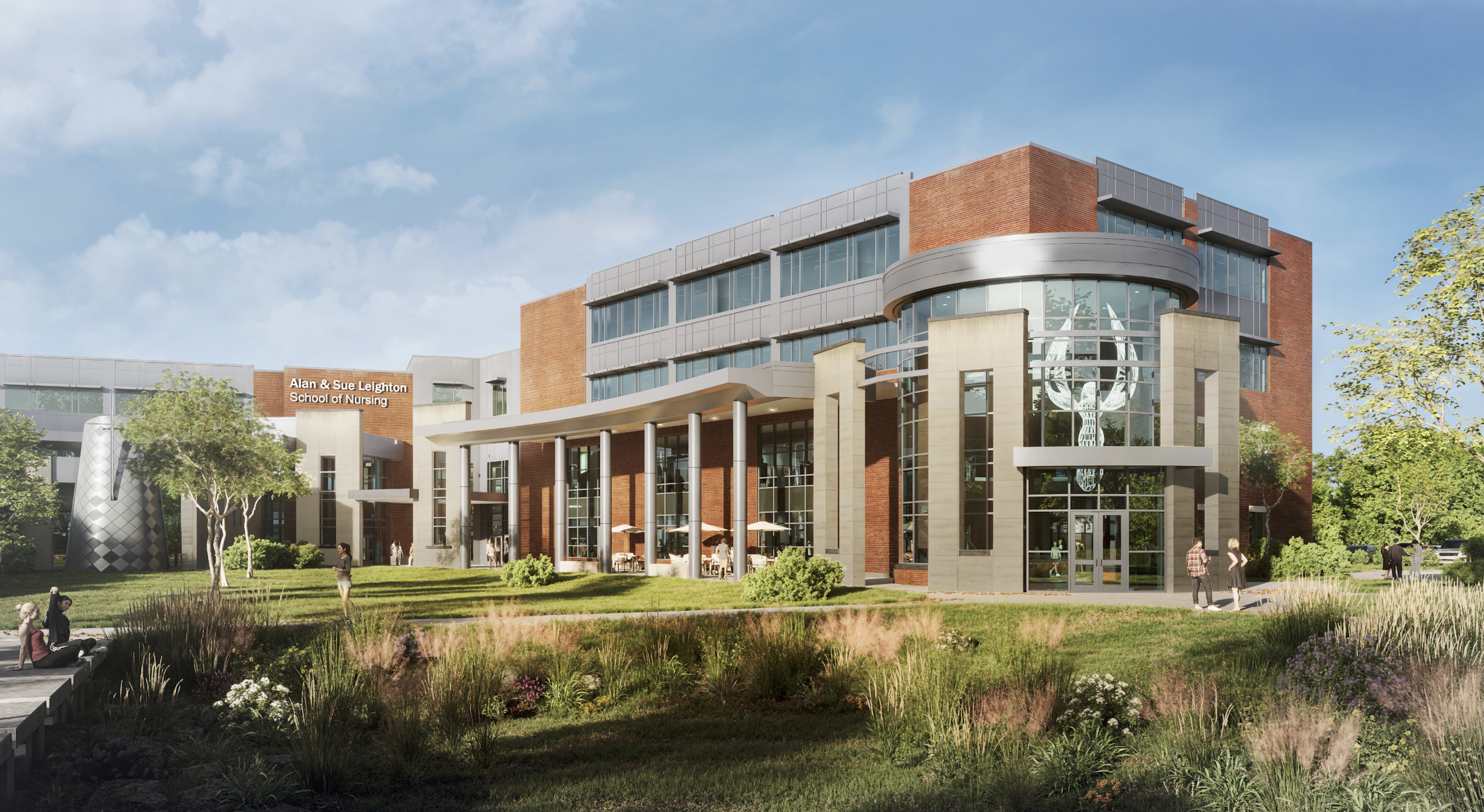 Exterior rendering of the Alan & Sue Leighton School of Nursing building with a glass entrance and landscaped campus lawn.