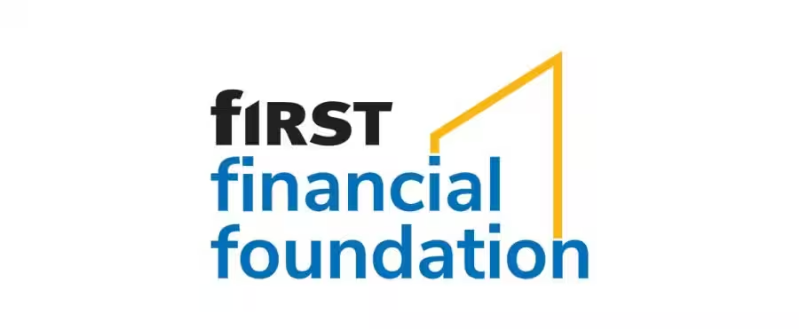 Logo for First Financial Foundation, featuring bold black and blue text with a yellow accent.