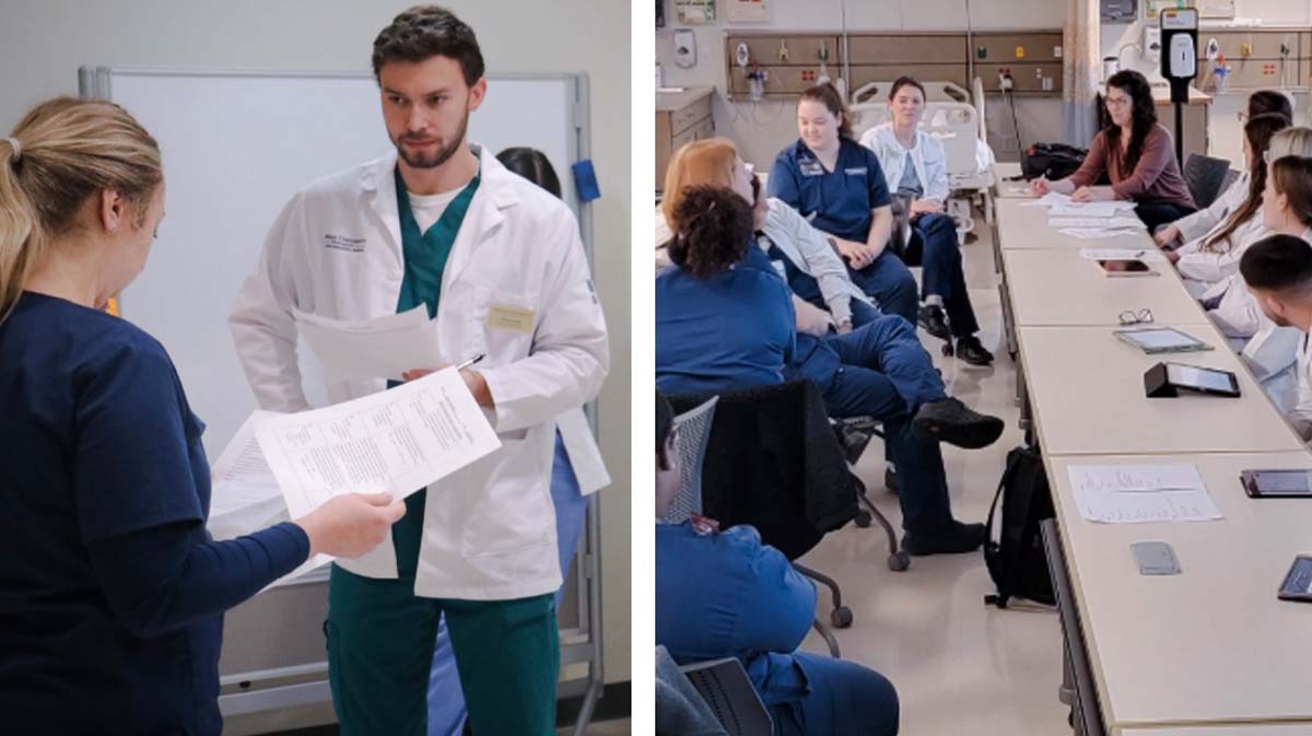 A healthcare professional discusses documents with a colleague, while a group of medical staff engages in a meeting.