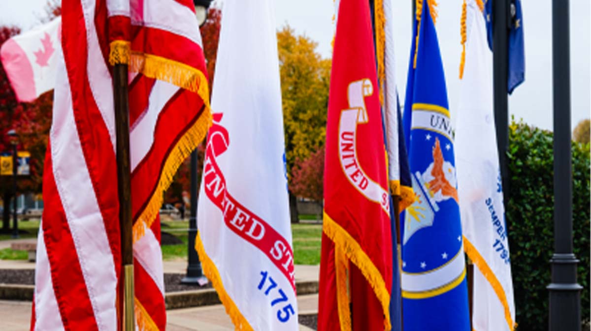 Flags representing various branches of the U.S. military and other nations displayed prominently in a park setting.
