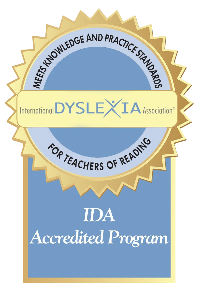 International Dyslexia Association (IDA) seal and badge reading “Meets Knowledge and Practice Standards for Teachers of Reading” and “IDA Accredited Program.”