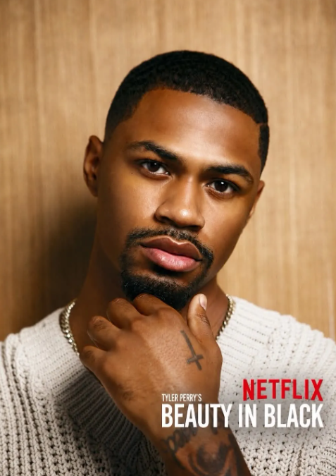 Promotional poster of a man posing with his hand on his chin against a tan background, with text reading “Tyler Perry’s Beauty in Black” and the Netflix logo.