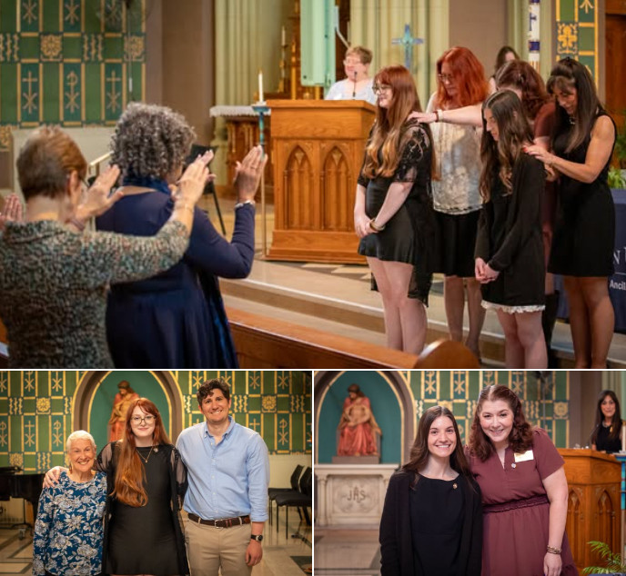 Collage of a church ceremony where a group of women pray over two young women at the altar, followed by posed photos of participants smiling inside the sanctuary.