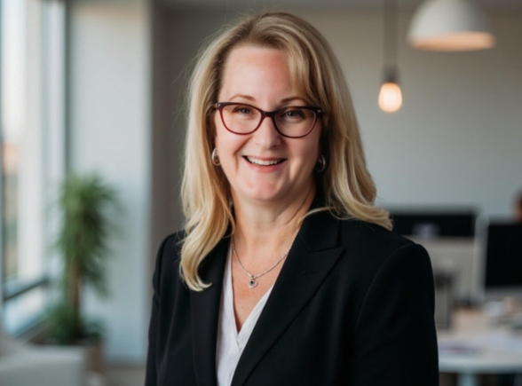 Smiling professional in glasses wearing a black blazer, standing in a modern office with soft, blurred lights in the background.