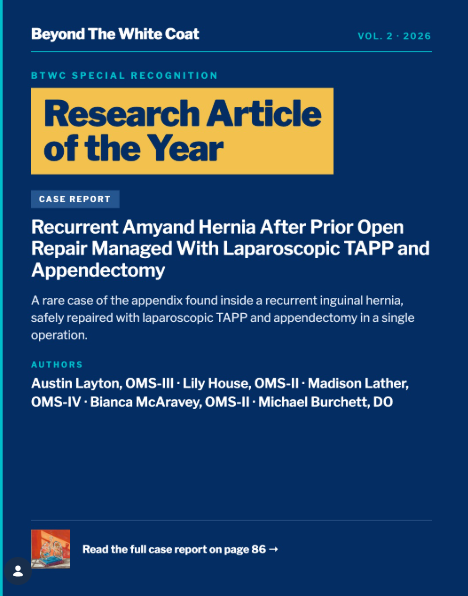 Magazine cover for Beyond The White Coat highlighting the “Research Article of the Year” case report on recurrent Amyand hernia managed with laparoscopic TAPP and appendectomy, with authors listed.