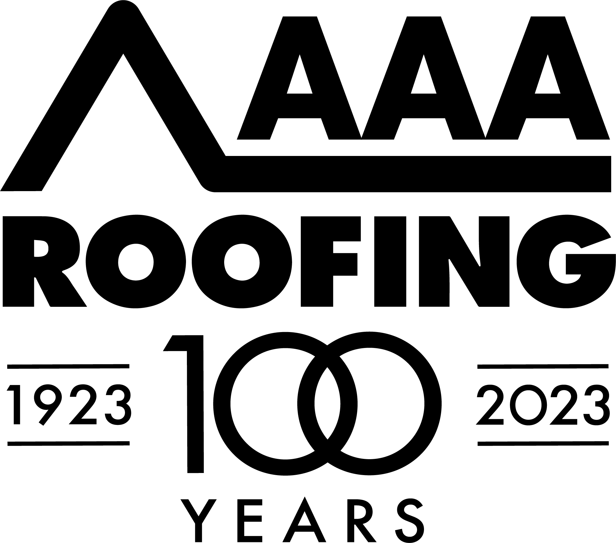 AAA Roofing 100-year anniversary logo with “1923” and “2023” flanking a large “100” and the word “YEARS.”