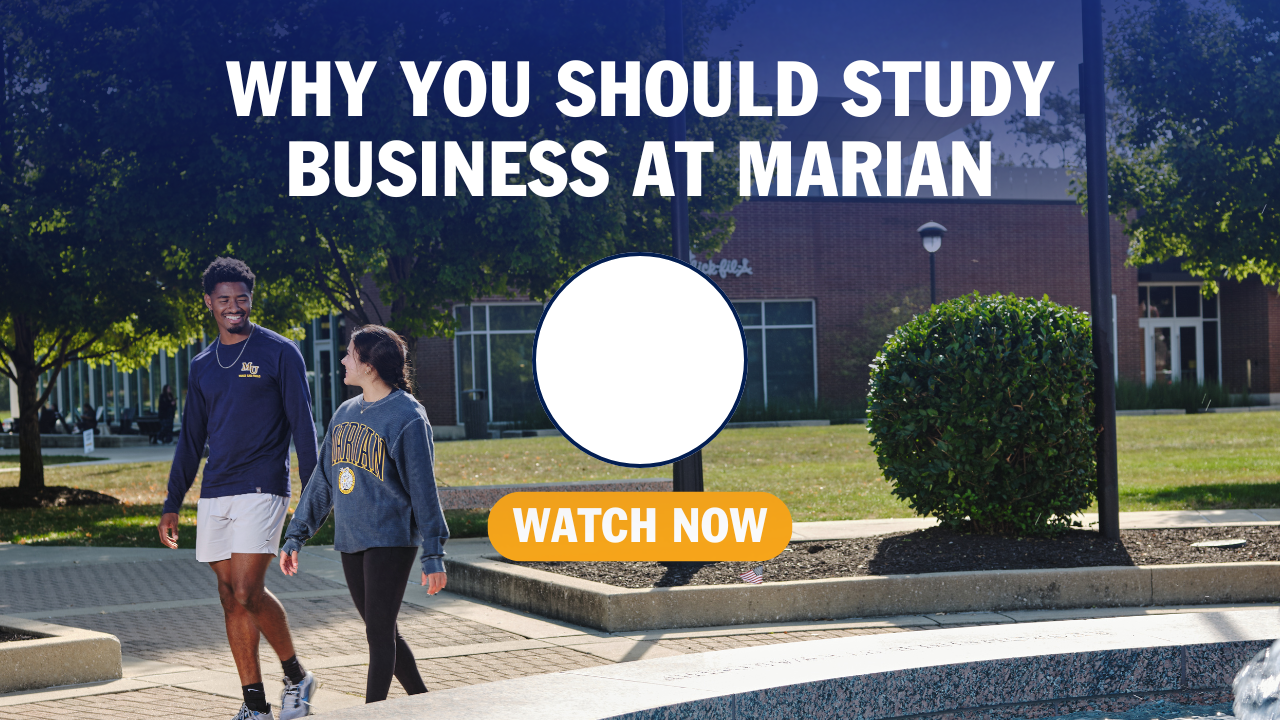 Marian business students walking on campus