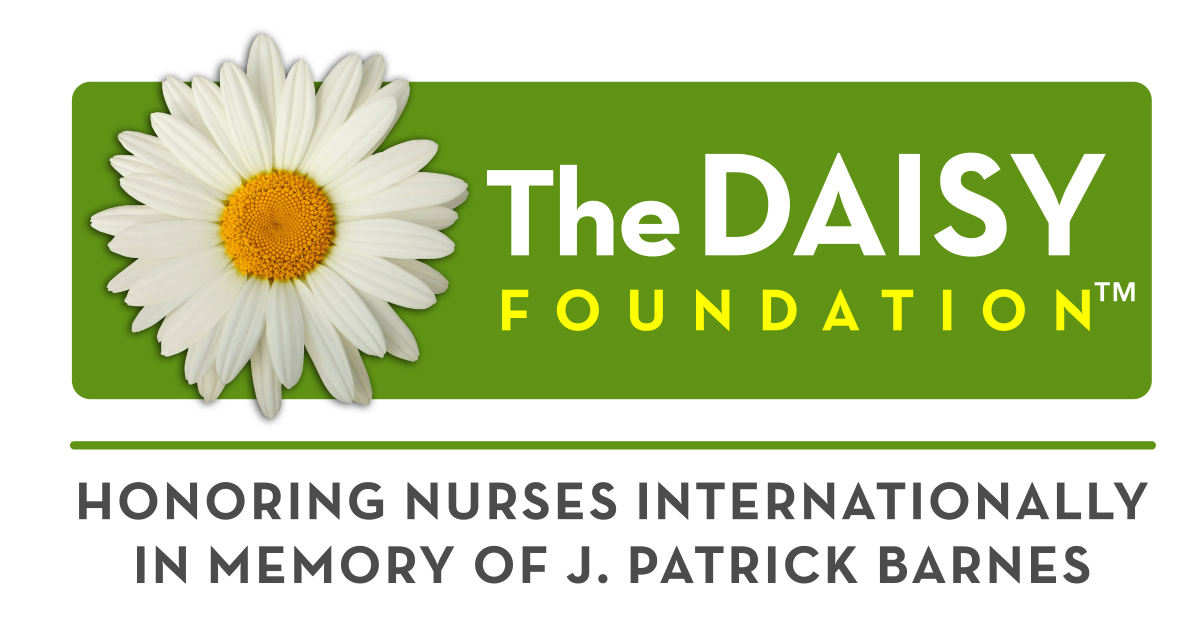 Logo of The DAISY Foundation, featuring a white daisy on a green background, honoring nurses internationally in memory of J. Patrick Barnes.