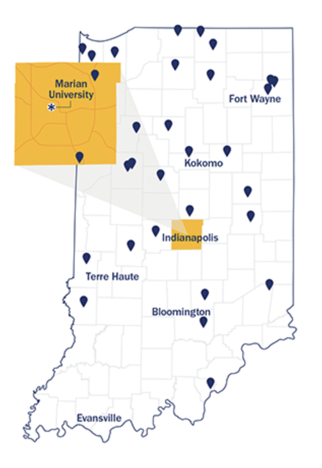 Map of Indiana highlighting Marian University in the northwest region and Indianapolis in the center, with various marked locations.